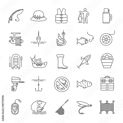Fishing linear icons set