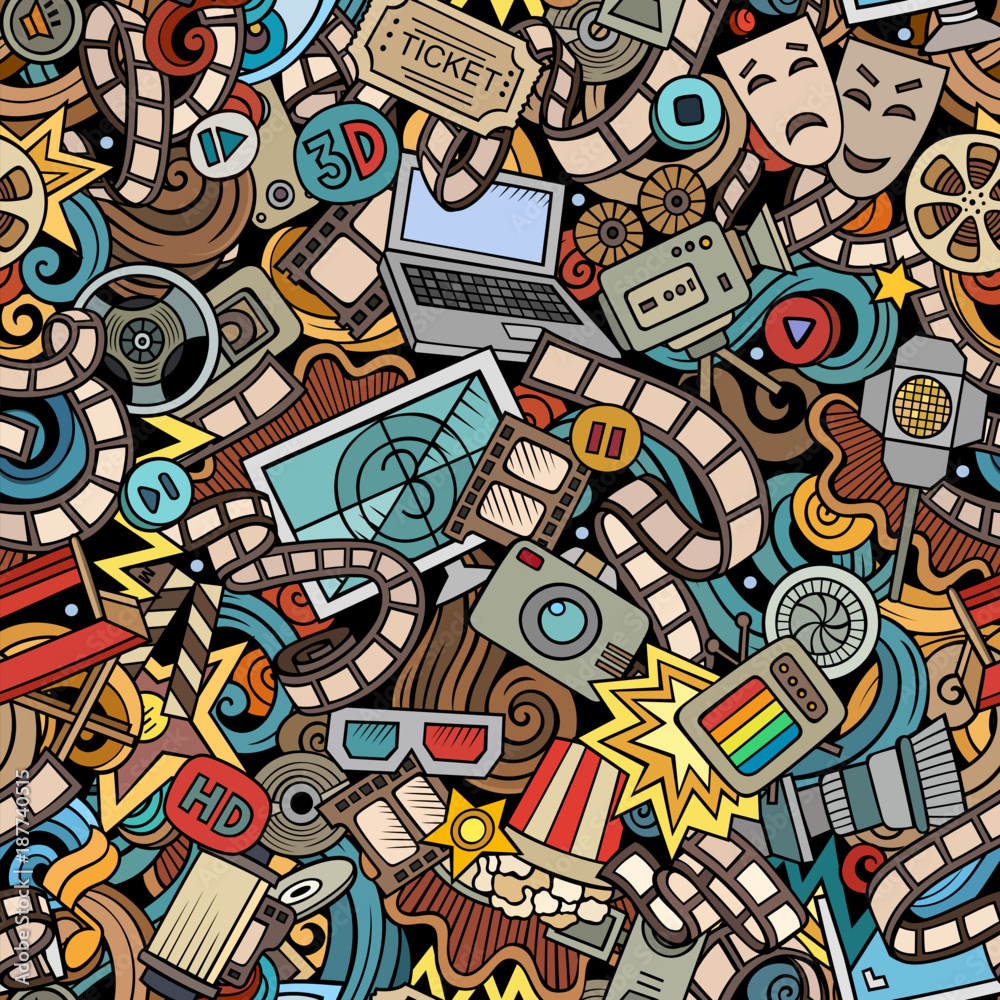 Fototapeta premium Cartoon cute doodles Cinema seamless pattern