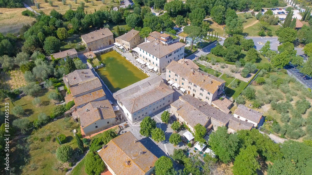 Fototapeta premium Aerial view of Bagno Vignoni in Tuscany. Bagno Vignoni is a thermal town