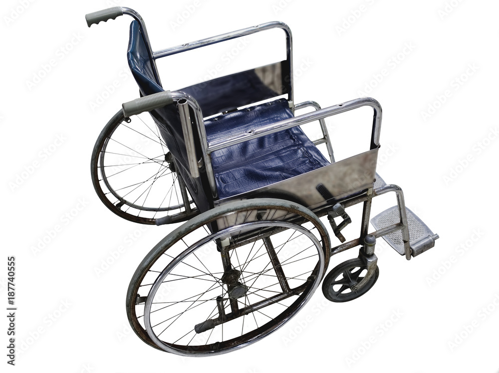 wheelchair Isolated on White Background.  Side view of blue wheelchair with rust some surface