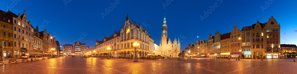 Market square and Town Hall at night in Wroclaw, Poland