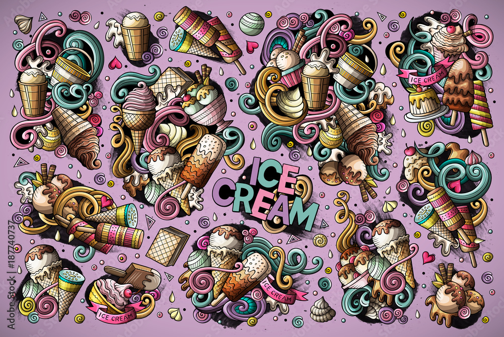 Colorful vector doodle cartoon set of ice-cream objects