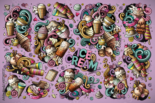 Colorful vector doodle cartoon set of ice-cream objects
