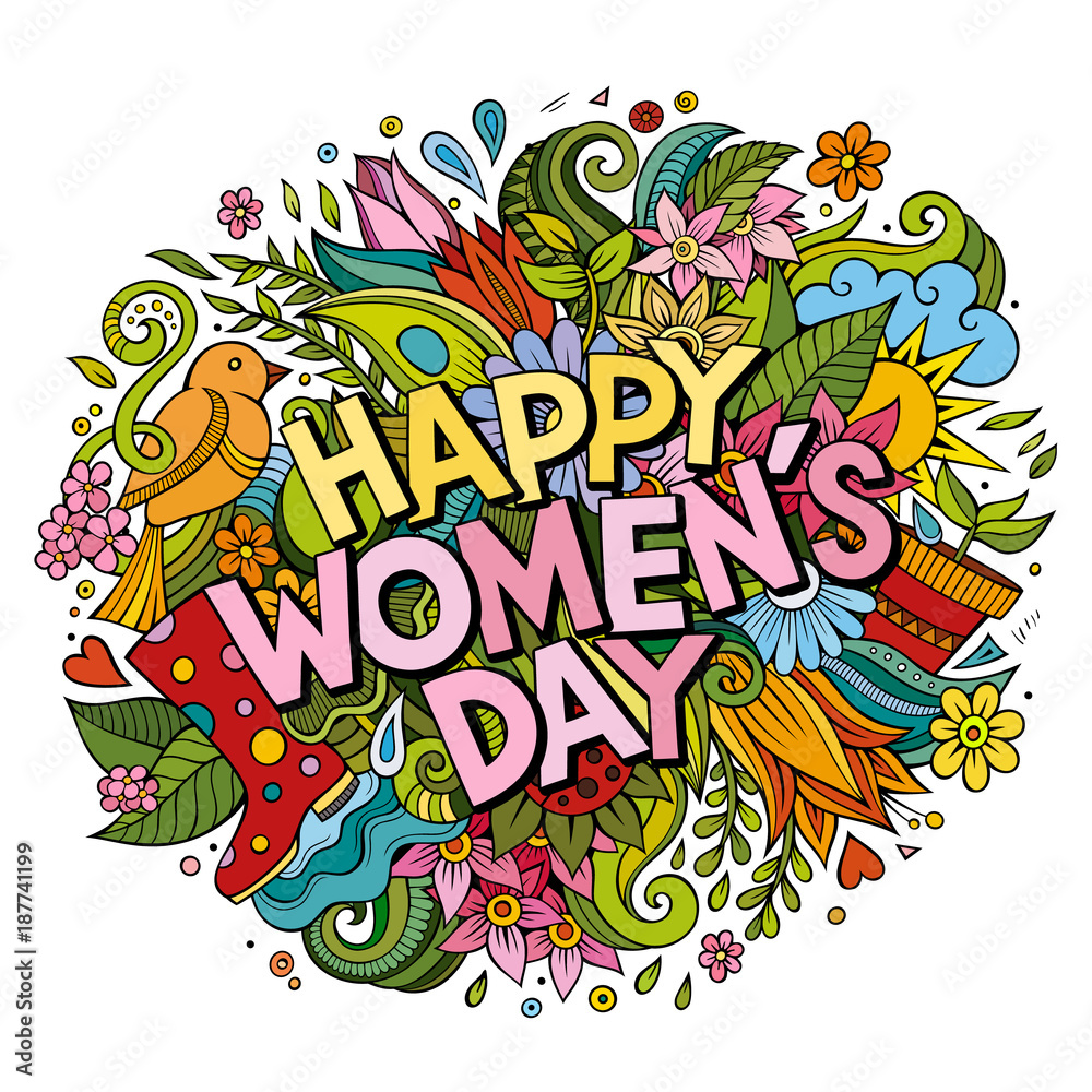 Cartoon cute doodles hand drawn Happy Womens Day inscription