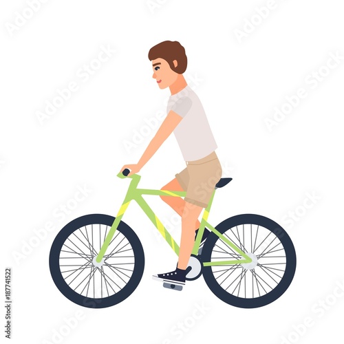 Man or boy dressed in casual clothing riding bike. Flat male cartoon characte...