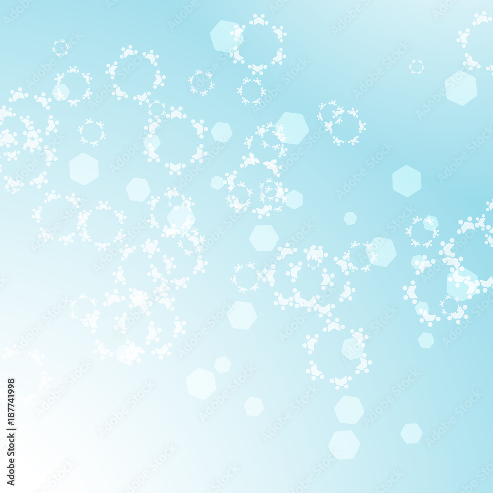 Abstract gradient blue winter background with glow, hexagon shapes and snowflakes.