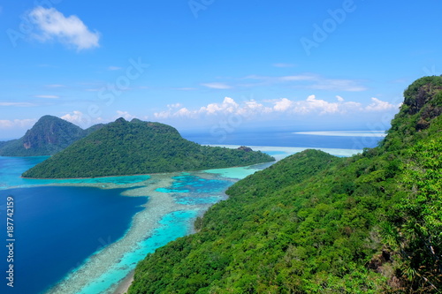 The majestic view of corals reef and islands seen from the top of mountain at Bohey Dulang Island, Sabah, Malaysia. © MohamadFaizal