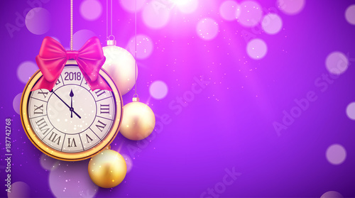 2018 new year shining background with clock. Happy new year 2018 celebration decoration golden balls poster, festive card template photo