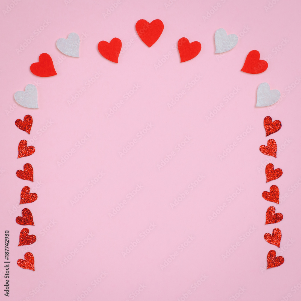 White and red delted hearts frame. Valentine's or Wedding's day postcard concept.