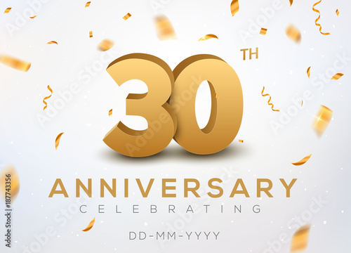 30 Anniversary gold numbers with golden confetti. Celebration 30th anniversary event party template
