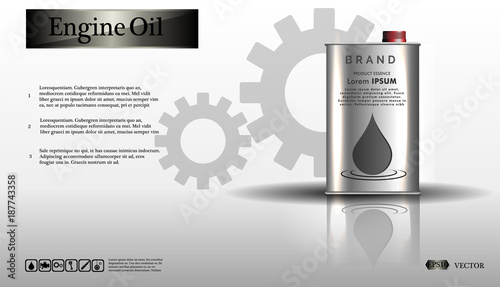 Engine oil in an iron jar on a white background with a gear