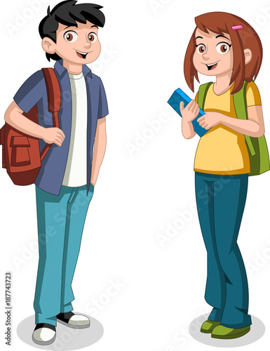 Cute cartoon children with books. Teenager students.