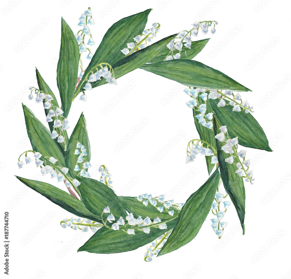 Watercolor lily of the valley wreath Stock Illustration | Adobe Stock