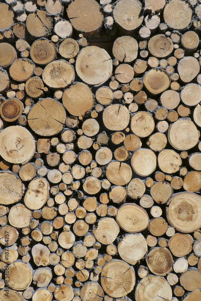 Sawn timber logs prepared and stacked for a wood burning stove. Close up in full frame and a vertical format. Timber industry concept. Sawn timber logs prepared and stacked for a wood burning stove. Close up in full frame and a vertical format. Timber industry concept.