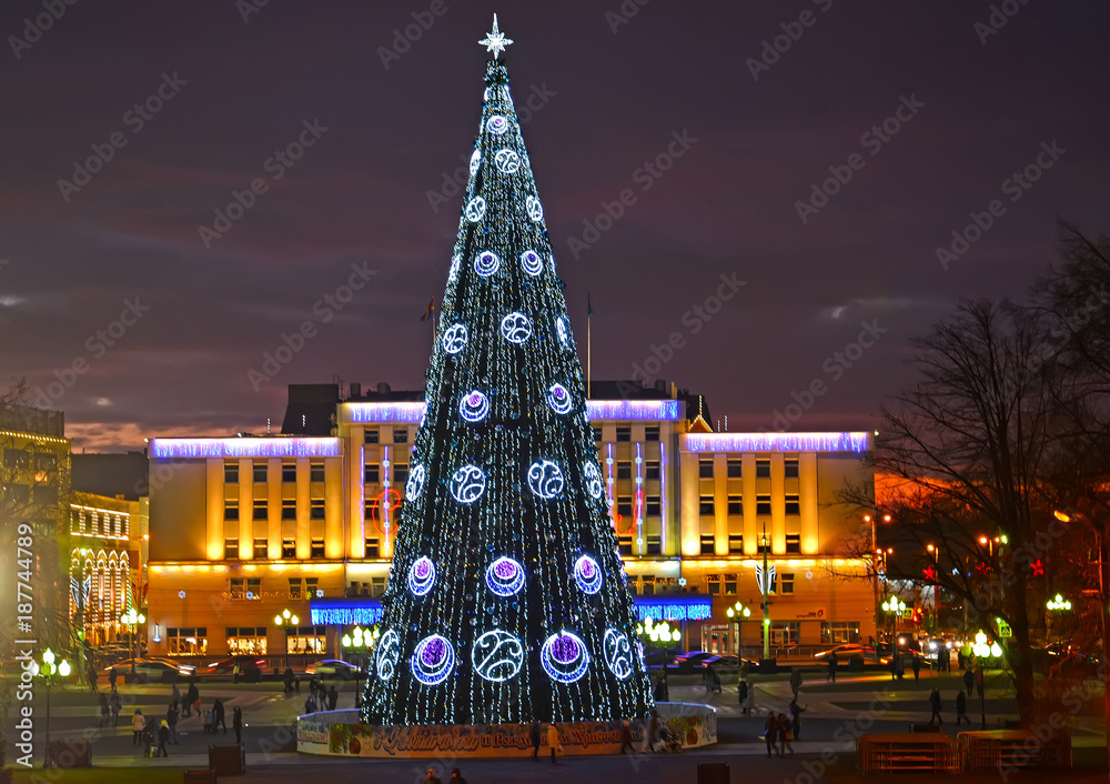 KALININGRAD, RUSSIA. New Year tree in the evening at Victory Square
