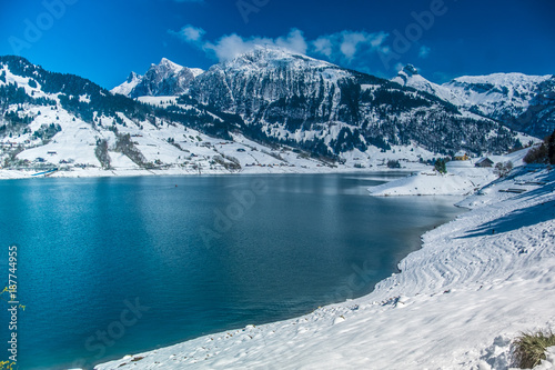 Early spring landscapes around the Wagital lake (Wagitalersee) in the canton of Schwyz, Switzerland