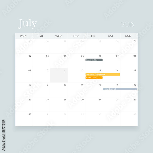 Minimalistic simple vector July 2018 event calendar template