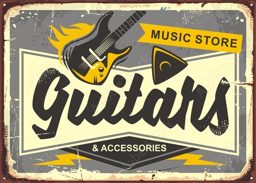 Guitar store retro advertisement sign board with electric guitar, guitar pick and creative typo