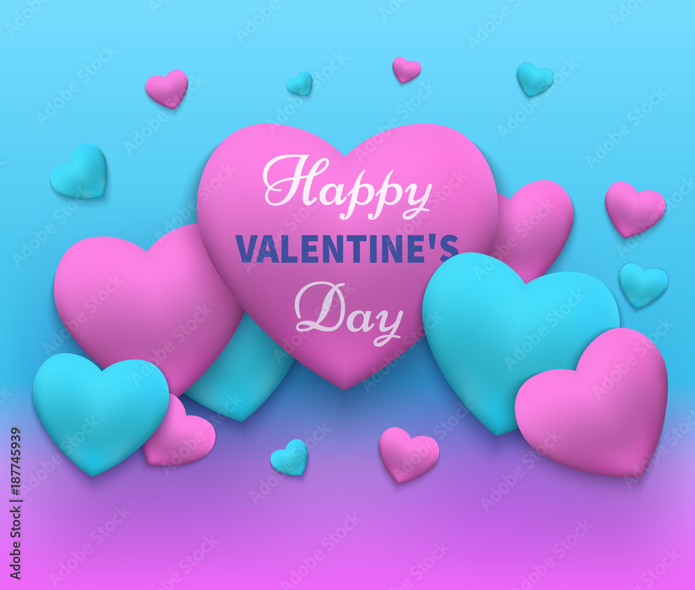 Vector illustration of a happy day valentine's. Pink and blue 2018 hearts gathered in different fon.Vektor 
