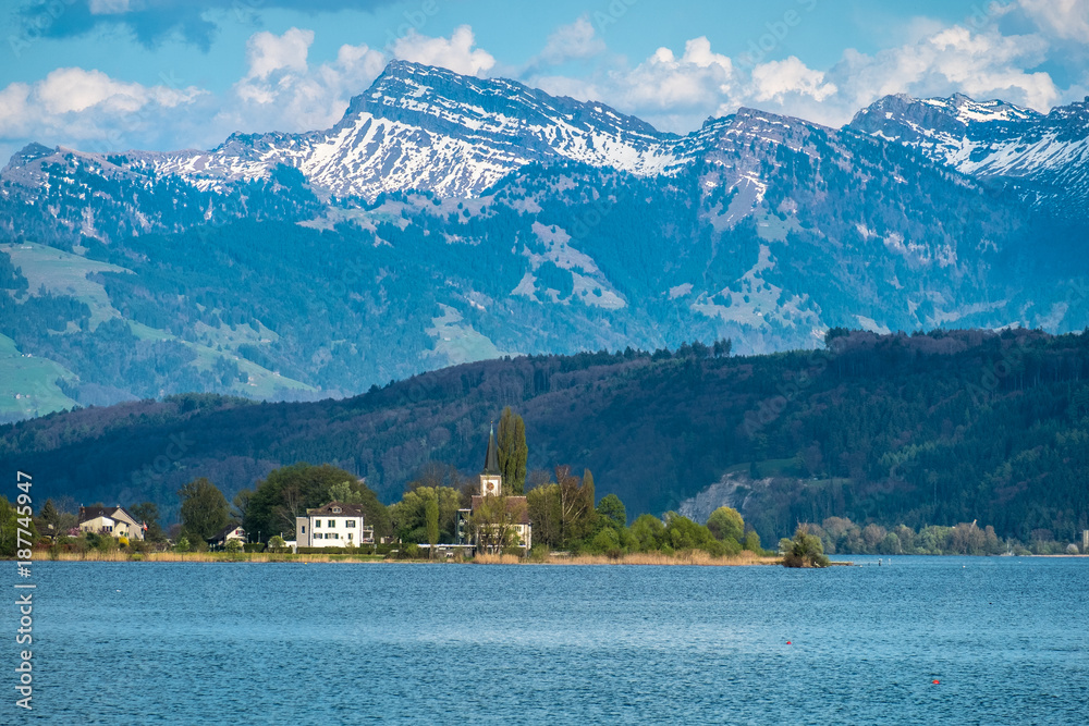 View of the alps from the Holtzsteg, Rapperswil, Switzerland