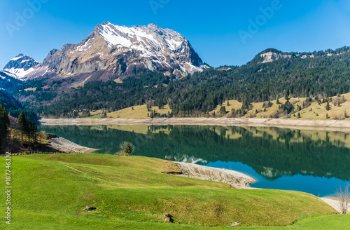 The snow capped mountain peaks in the spring in the Wägital valley ,Schwyz, Switzerland