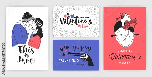 Collection of Valentine s day greeting card, party invitation or flyer templates with hand drawn kissing young couple, anatomical heart and inscriptions. Colorful trendy festive vector illustration.