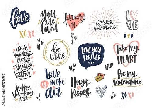 Collection of stylish Valentine s day letterings with various phrases, quotes and holiday wishes decorated by hearts isolated on white background. Colorful modern festive vector illustration.