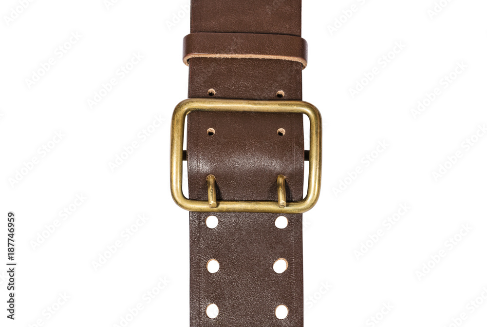 Brown leather belt with metal buckle closeup Brown leather belt with metal buckle closeup