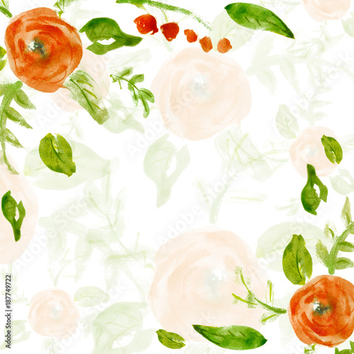Fototapeta Naklejka Na Ścianę i Meble -  Painted watercolor composition with flowers and leaves. Frame of roses. Floral border. Can be used as invitation card for wedding, birthday, other holiday, summer background, poster, banner.