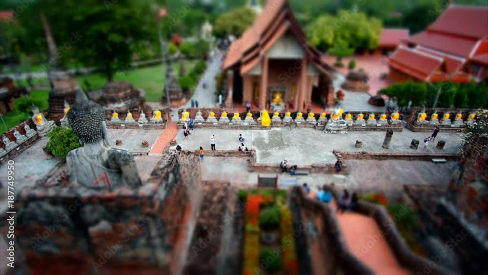 Time lapse aerial view of tourist in public temple at Ayutthaya, Thailand - Miniature effect
