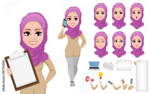 Arabic business woman cartoon character creation set