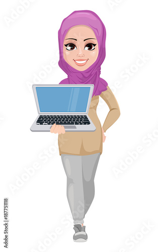 Arabic business woman, smiling cartoon character