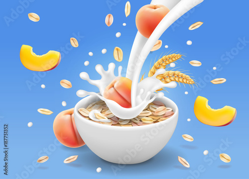 Oatmeals flakes with peach advertising with milk plash. Oats muesli in yogurt bowl
