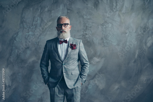 Portrait of wealthy handsome confident rich sharp dressed in checkered grey bespoke tux, white shirt, vinous bow-tie, handkerchief serious respectable financier isolated on concrete wall background