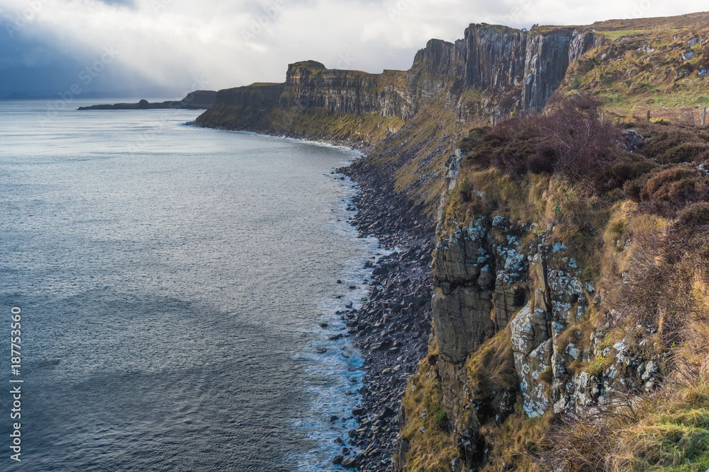 Kilt Rock , a sea cliff in north east Trotternish said to resemble a kilt, with vertical basalt columns to form the pleats and intruded sills of dolerite forming the pattern. Isle of Skye, Scotland