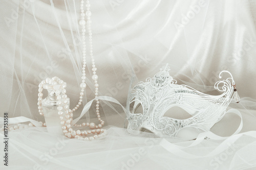 Image of delicate and elegant white venetian mask in front of tulle background.