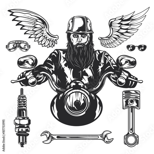 Set of motorcycle theme elements with rider on motorcycle, engine parts and wings. Vector illustration.