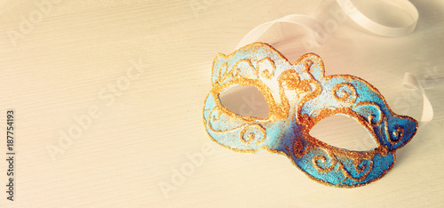 Tableau sur toile Image of delicate blue elegant venetian mask white background.