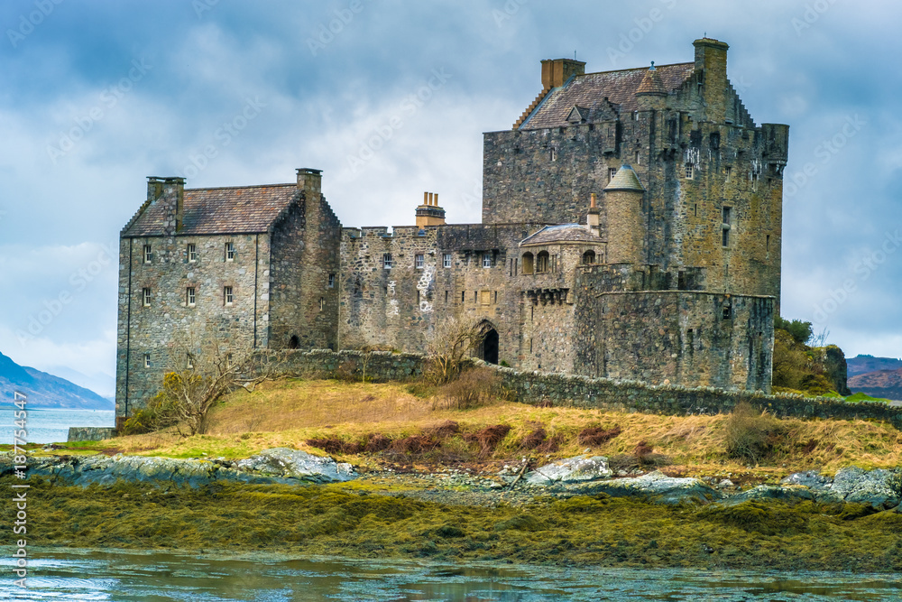 Ruins of the Eilean Donan castle, built on a a small tidal island where three sea lochs meet, Loch Duich, Loch Long and Loch Alsh, in the western Highlands of Scotland