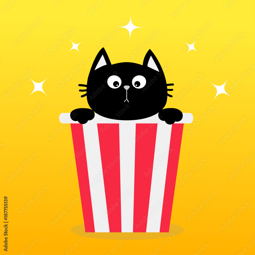 Black cat sitting in Popcorn box. Movie Cinema icon in flat design style.  Pop corn. Cute cartoon character. Yellow gradient background. Shining  stars. Stock Vector | Adobe Stock