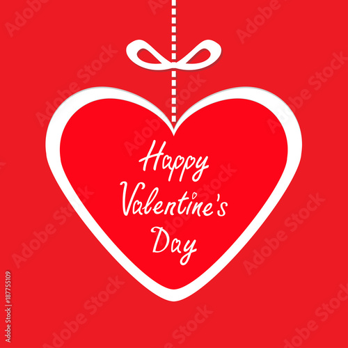 Happy Valentines Day. Big paper heart hangin on dash line with bow. Greeting card. Flat design. Red background.