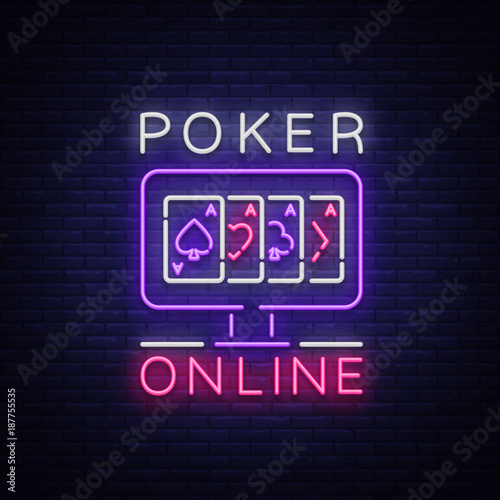 Online poker is a neon sign. Logo symbol in neon style svityaschyysya bright banner billboard night, bright neon poker, gambling casino for your projects. Play money online. Vector illustration