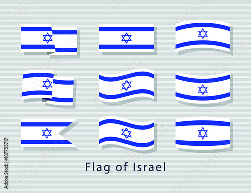 Set of collection flag of Israel on stripped gray background.