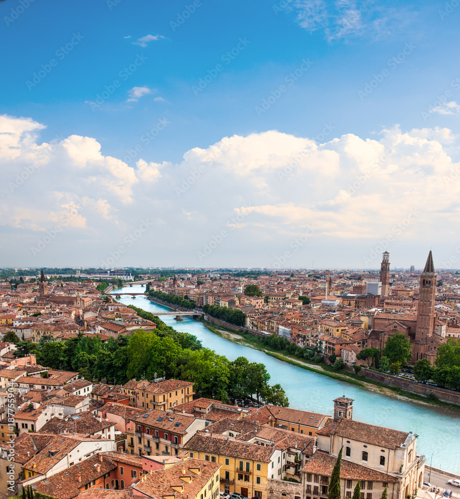 Beautiful cityscape. Aerial view of Verona, Italy, Veneto region. Beautiful sunny panorama with space for text.