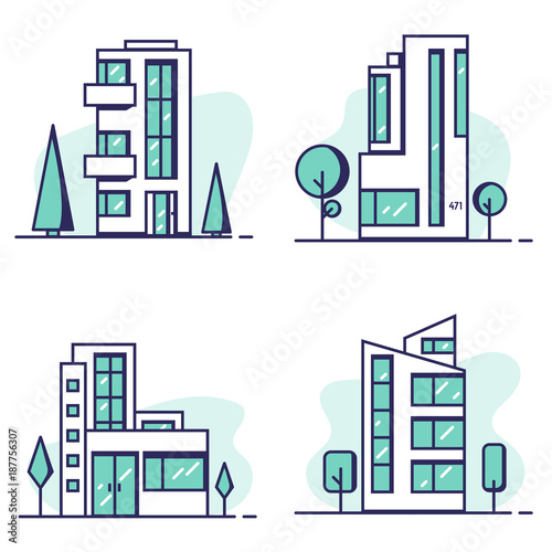 Small modern buildings with big glass windows. City park with trees and green background. House rent concept or modern architecture. Linear modern, trendy vector banner.