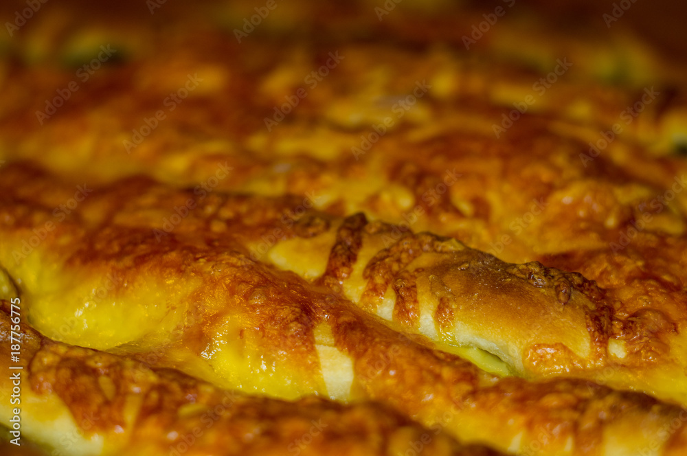 baked In the oven homemade pie stuffed with cheese and mushrooms baked In the oven homemade pie stuffed with cheese and mushrooms
