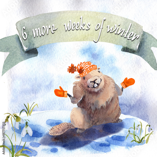 Happy Groundhog Day - hand hand drawing watercolor card groundhog photo