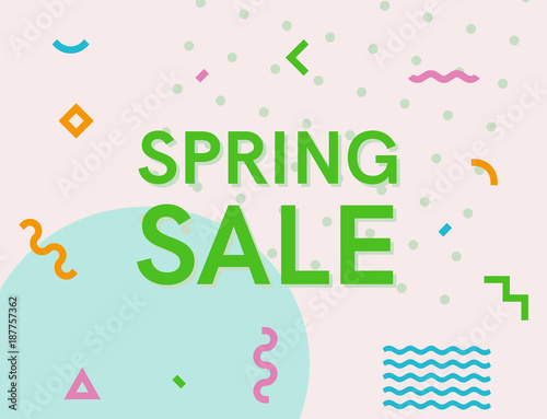 Spring sale on memphis retro style background. 80s geometric style banner. Isolated on white background geometric colorful style illustration.