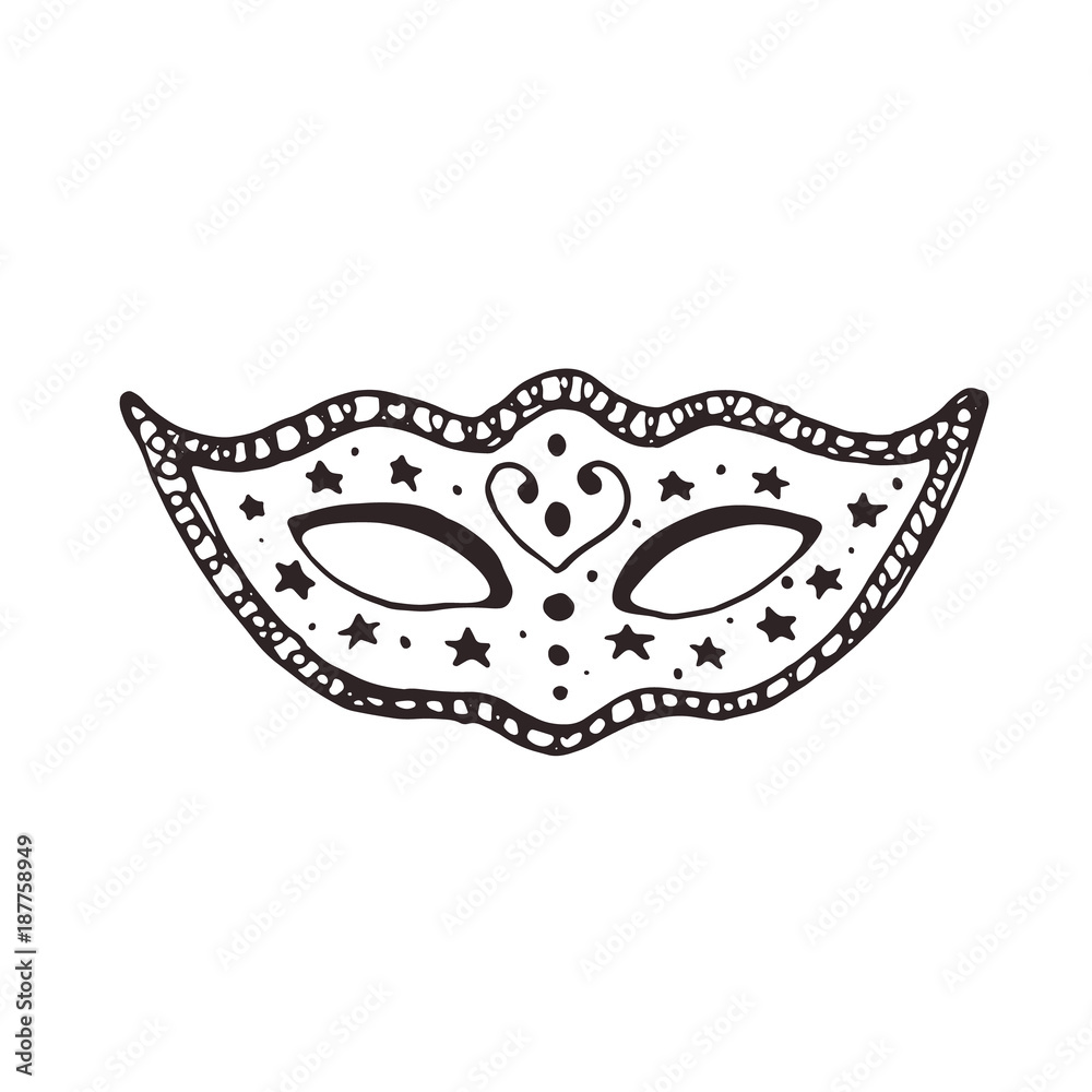 Hand drawn carnival vector mask in line art style isolated on white background. Masqeurade mask sketches for decorating festive invitations, banners, greeting cards.