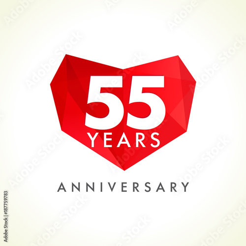 Anniversary 55 years old celebrating logotype with hearts. Luxurious celebrating congratulating greetings, stained glass numbers template. Valentine's Day abstract emotional lovely isolated shape.